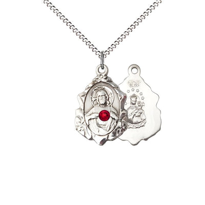 Sacred Heart Scapular Fancy Design Sterling Silver Medal Necklace with Red Crystal and Rhodium-plated Chain, measures 7/8-inch tall by 1/2-inch wide, Bliss Manufacturing