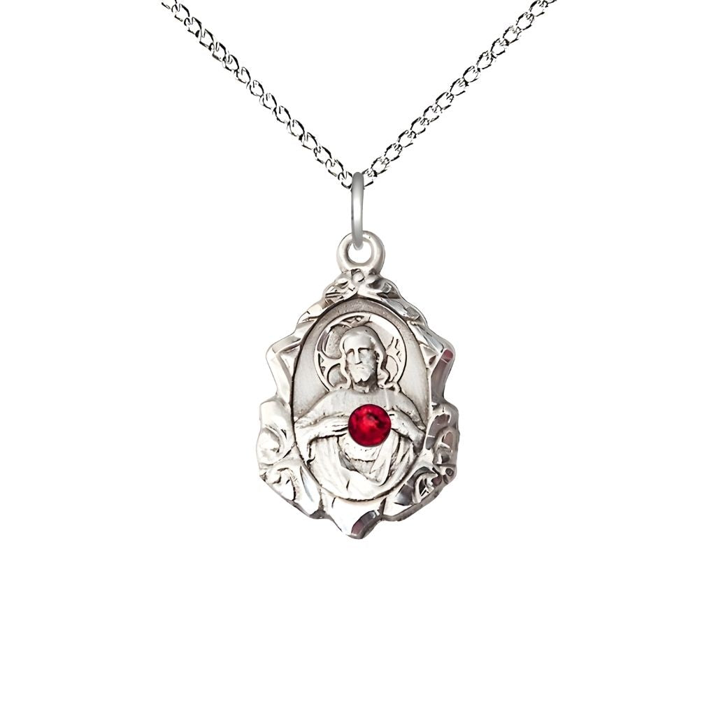 Bliss Sacred Heart Scapular Fancy Design Sterling Silver Medal Necklace with Red Crystal and Sterling Silver Chain, measures 7/8-inch tall by 1/2-inch wide,