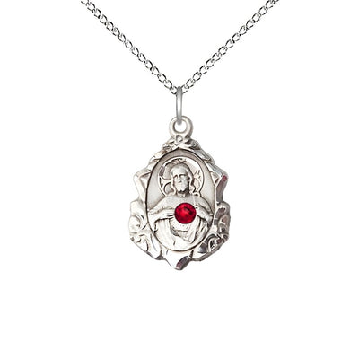 Sacred Heart Scapular Fancy Design Sterling Silver Medal Necklace with Red Crystal and Sterling Silver Chain, measures 7/8-inch tall by 1/2-inch wide, Bliss Manufacturing