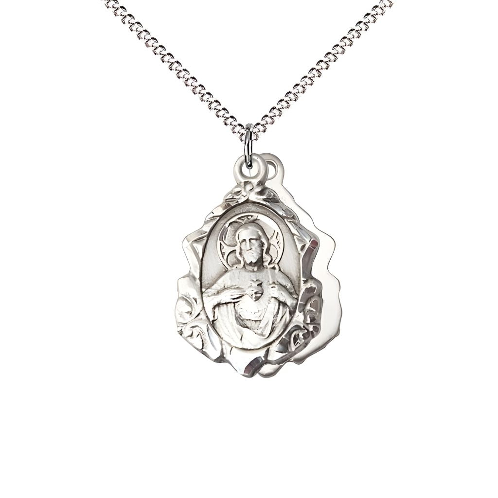 Bliss Sacred Heart Scapular Fancy Design Sterling Silver Medal Necklace with Rhodium-plated Chain, measures 7/8-inch tall by 1/2-inch wide,