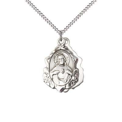 Sacred Heart Scapular Fancy Design Sterling Silver Medal Necklace with Rhodium-plated Chain, measures 7/8-inch tall by 1/2-inch wide, Bliss Manufacturing