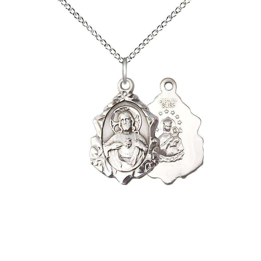 Bliss Sacred Heart Scapular Fancy Design Sterling Silver Medal Necklace with Sterling Silver Chain, measures 7/8-inch tall by 1/2-inch wide,
