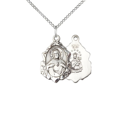 Sacred Heart Scapular Fancy Design Sterling Silver Medal Necklace with Sterling Silver Chain, measures 7/8-inch tall by 1/2-inch wide, Bliss Manufacturing