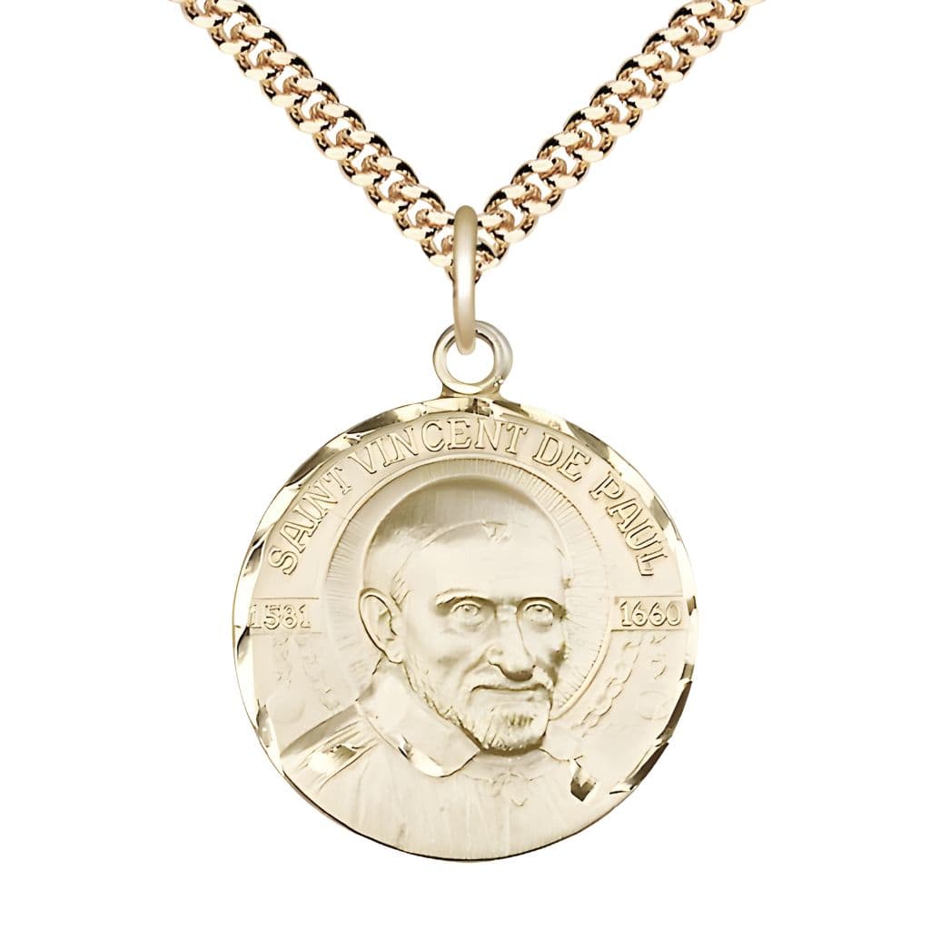 Bliss St. Vincent de Paul 14kt Gold-filled Round Medal Pendant with Gold-plated Chain, Measures 1-inch tall by 7/8-inch wide.