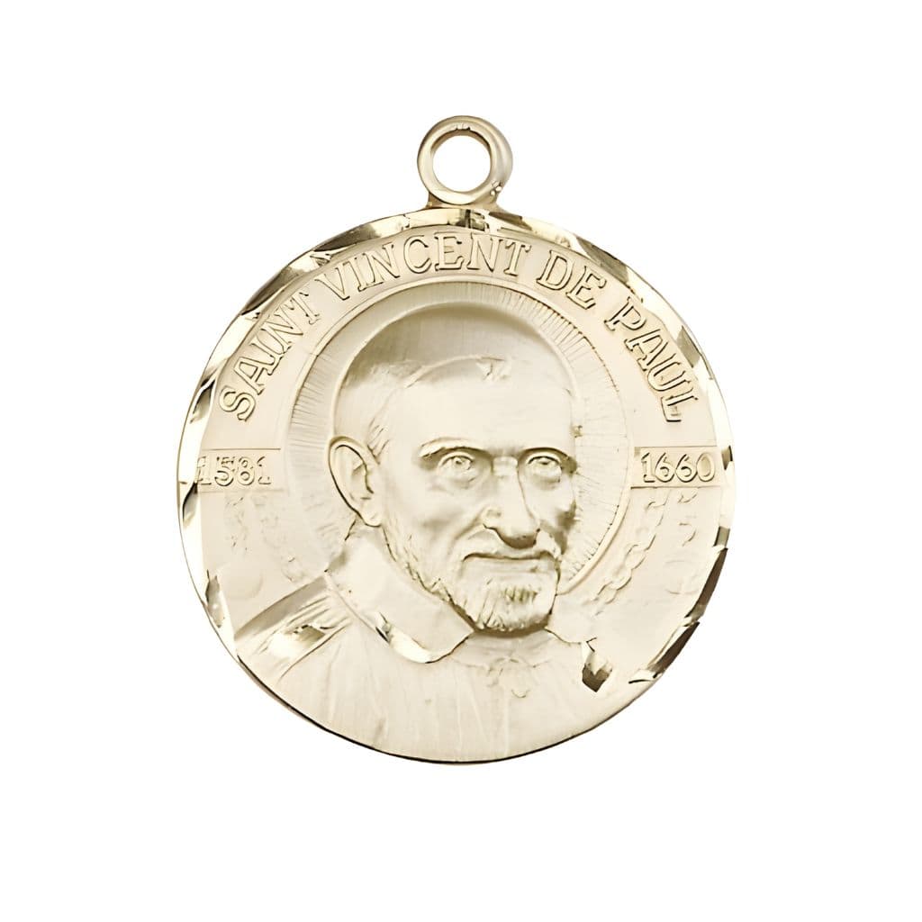 Bliss St. Vincent de Paul 14kt Gold Round Medal Pendan, Measures 1-inch tall by 7/8-inch wide.