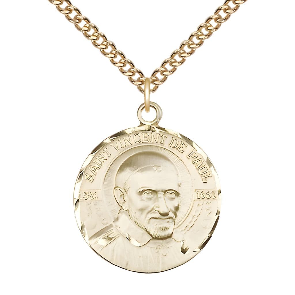 Bliss St. Vincent de Paul 14kt Gold Round Medal Pendant with 14kt Gold Chain, Measures 1-inch tall by 7/8-inch wide.