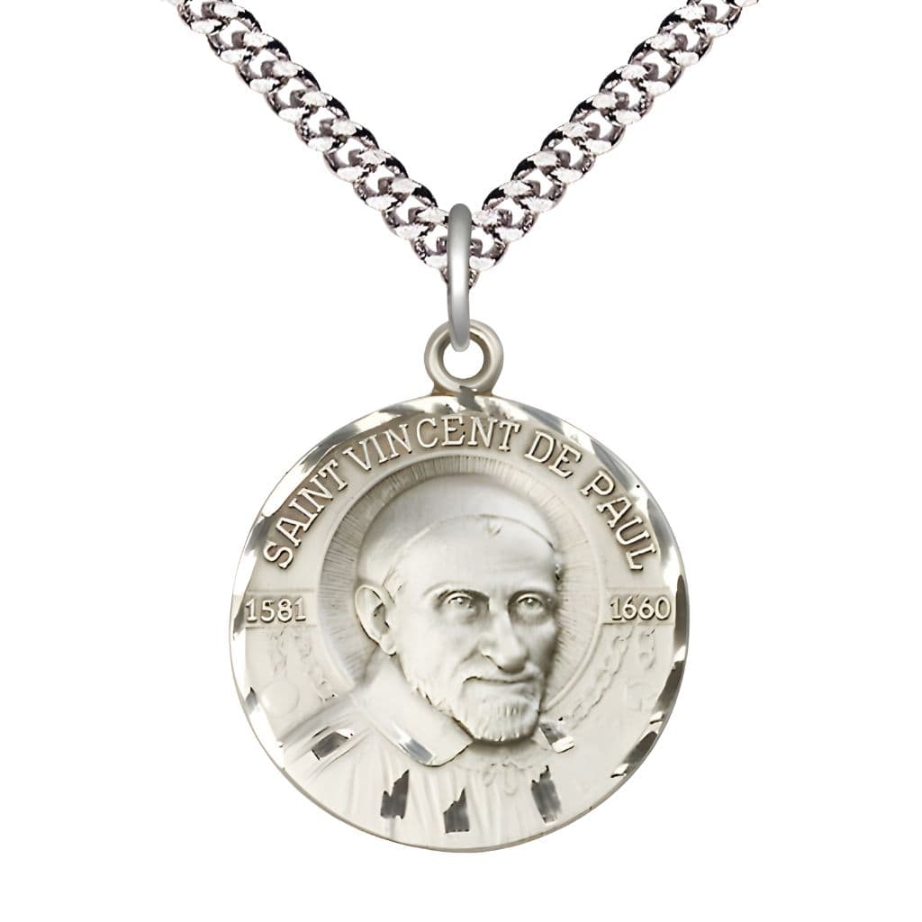 Bliss St. Vincent de Paul Sterling Silver Round Medal Pendant with Rhodium-plated Chain, Measures 1-inch tall by 7/8-inch wide.