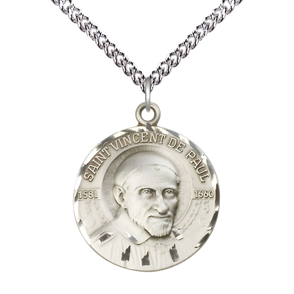 Bliss St. Vincent de Paul Sterling Silver Round Medal Pendant with Sterling Chain, Measures 1-inch tall by 7/8-inch wide.