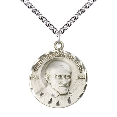 St. Vincent de Paul Sterling Silver Round Medal Pendant with Sterling Chain, Measures 1-inch tall by 7/8-inch wide, Bliss Manufacturing