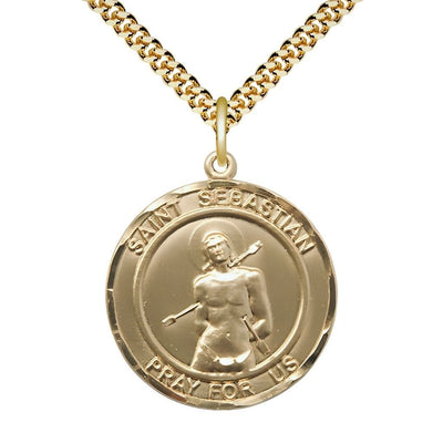 St. Sebastian with Arrows 14kt Gold-filled Round Medal Pendant with Gold-plated Chain, Measures 3/4-inch tall by 7/8-inch wide, Bliss Manufacturing