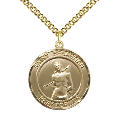 St. Sebastian with Arrows 14kt Gold-filled Round Medal Pendant with Gold-filled Chain, Measures 3/4-inch tall by 7/8-inch wide, Bliss Manufacturing