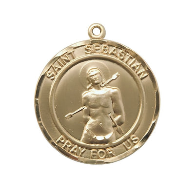 St. Sebastian with Arrows 14kt Gold Round Medal Pendant, Measures 3/4-inch tall by 7/8-inch wide, Bliss Manufacturing