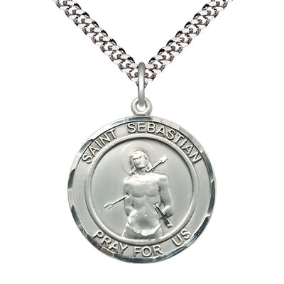 St. Sebastian with Arrows Sterling Silver Round Medal Pendant with Rhodium-plated Chain, Measures 3/4-inch tall by 7/8-inch wide, Bliss Manufacturing