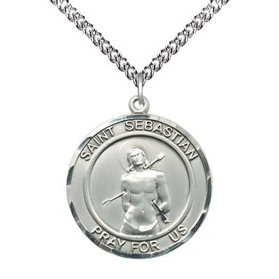 St. Sebastian with Arrows Sterling Silver Round Medal Pendant with Sterling Chain, Measures 3/4-inch tall by 7/8-inch wide, Bliss Manufacturing