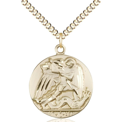 St. Michael Slaying the Dragon 14kt Gold-filled Round Medal Pendant with Gold-plated Chain, Measures 1-inch tall by 7/8-inch wide. Deluxe Gift Box, Bliss Manufacturing