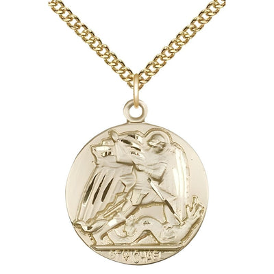 St. Michael Slaying the Dragon 14kt Gold-filled Round Medal Pendant with Gold-filled Chain, Measures 1-inch tall by 7/8-inch wide. Deluxe Gift Box, Bliss Manufacturing