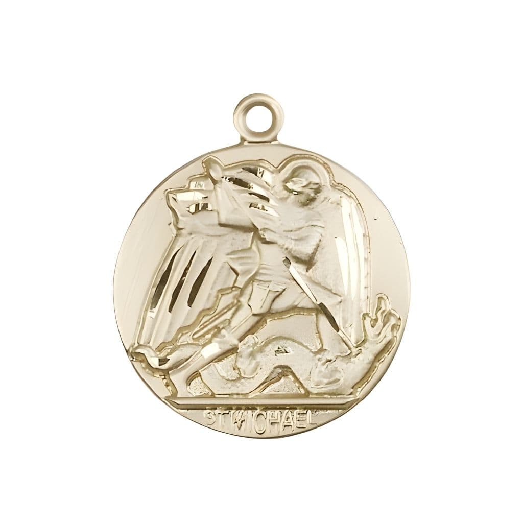 Bliss St. Michael Slaying the Dragon 14kt Gold Round Medal Pendant, Measures 1-inch tall by 7/8-inch wide. Deluxe Gift Box.