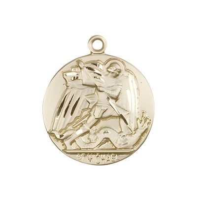 St. Michael Slaying the Dragon 14kt Gold Round Medal Pendant, Measures 1-inch tall by 7/8-inch wide. Deluxe Gift Box, Bliss Manufacturing