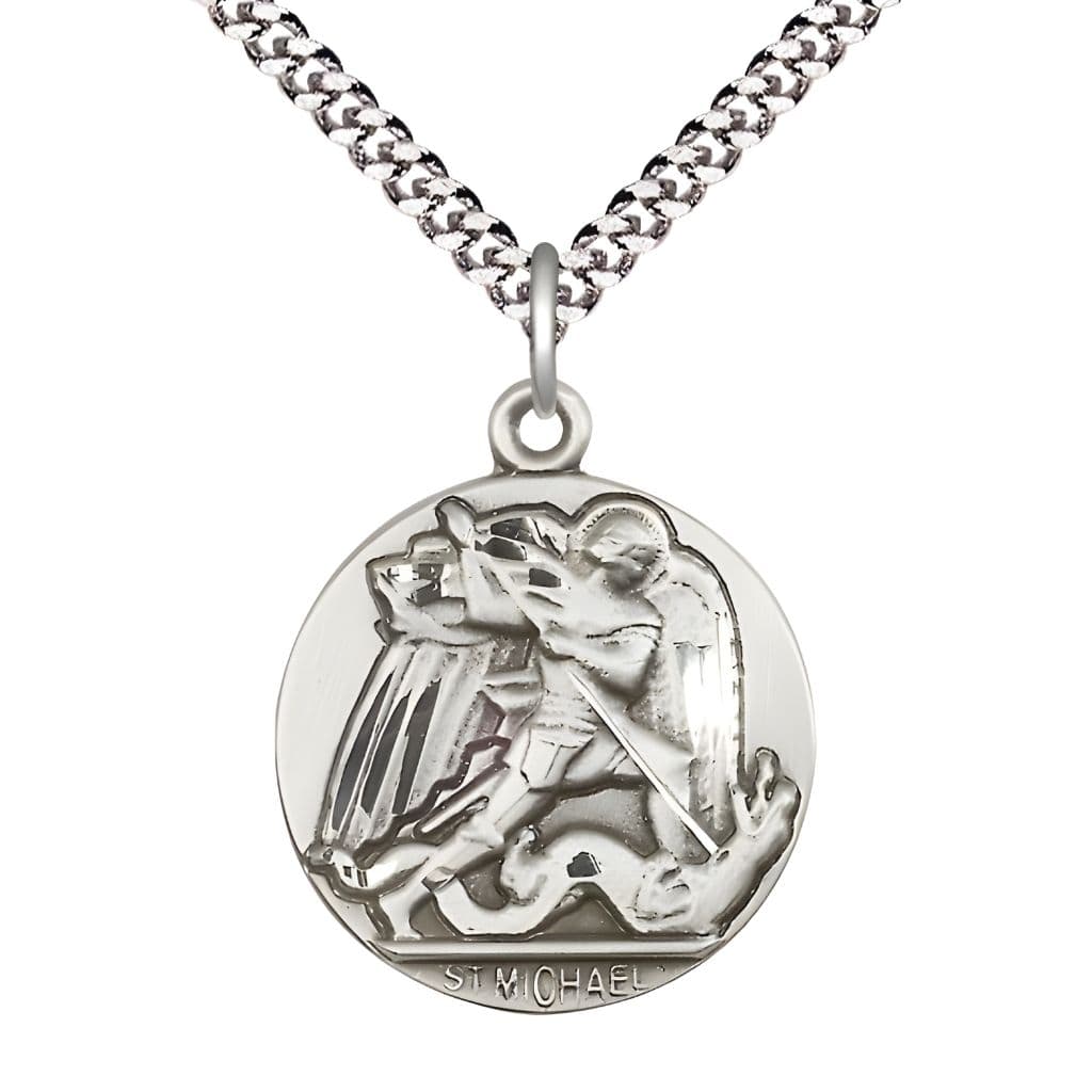 Bliss St. Michael Slaying the Dragon Sterling Silver Round Medal Pendant with Rhodium-plated Chain, Measures 1-inch tall by 7/8-inch wide. Deluxe Gift Box.
