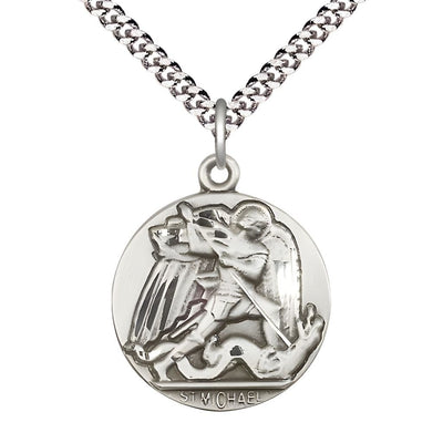 St. Michael Slaying the Dragon Sterling Silver Round Medal Pendant with Rhodium-plated Chain, Measures 1-inch tall by 7/8-inch wide. Deluxe Gift Box, Bliss Manufacturing