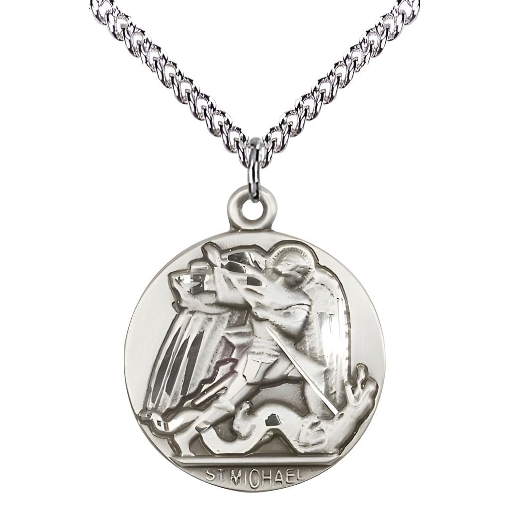 Bliss St. Michael Slaying the Dragon Sterling Silver Round Medal Pendant with Sterling Silver Chain, Measures 1-inch tall by 7/8-inch wide. Deluxe Gift Box.