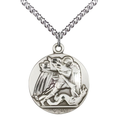 St. Michael Slaying the Dragon Sterling Silver Round Medal Pendant with Sterling Silver Chain, Measures 1-inch tall by 7/8-inch wide. Deluxe Gift Box, Bliss Manufacturing