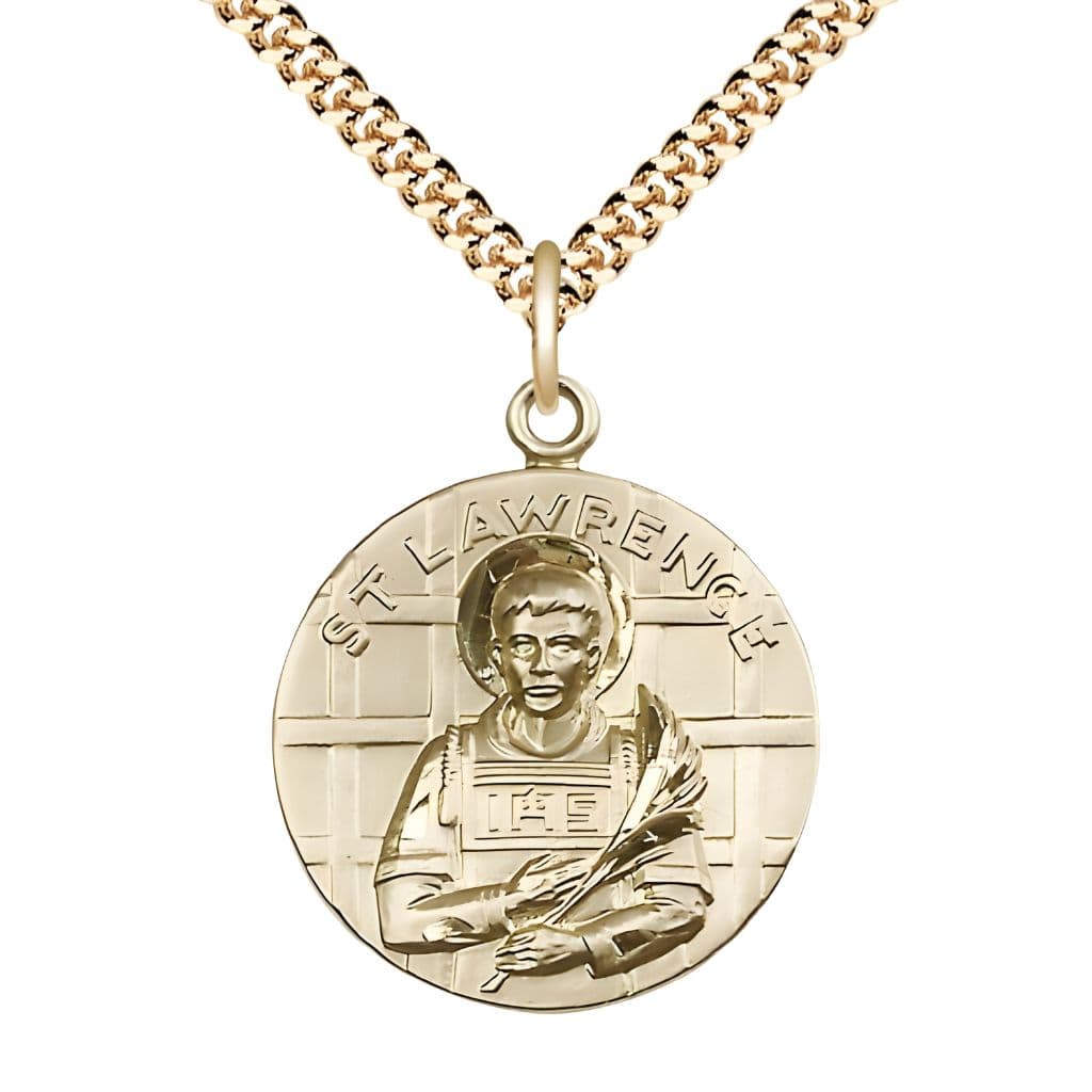 Bliss St. Lawrence 14kt Gold-filled Round Pendant with Gold-plated Chain, Medal Measures 1-inch tall by 7/8-inch wide.