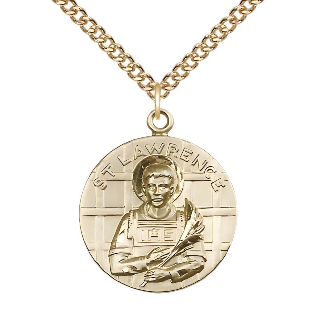 Bliss St. Lawrence 14kt Gold-filled Round Pendant with Gold-filled Chain, Medal Measures 1-inch tall by 7/8-inch wide.