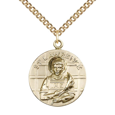 St. Lawrence 14kt Gold-filled Round Pendant with Gold-filled Chain, Medal Measures 1-inch tall by 7/8-inch wide, Bliss Manufacturing