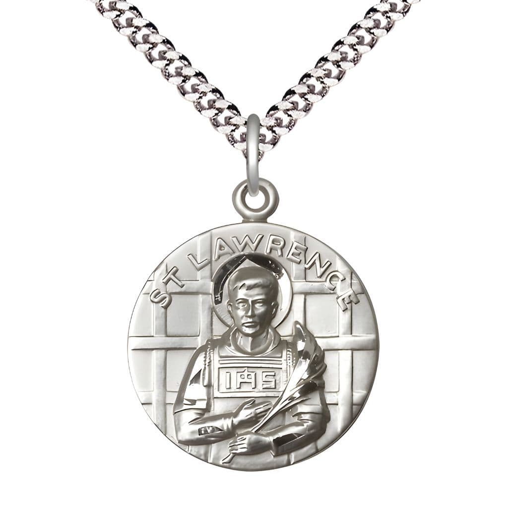 Bliss St. Lawrence Sterling Silver Round Pendant with Rhodium-plated Chain, Medal Measures 1-inch tall by 7/8-inch wide.
