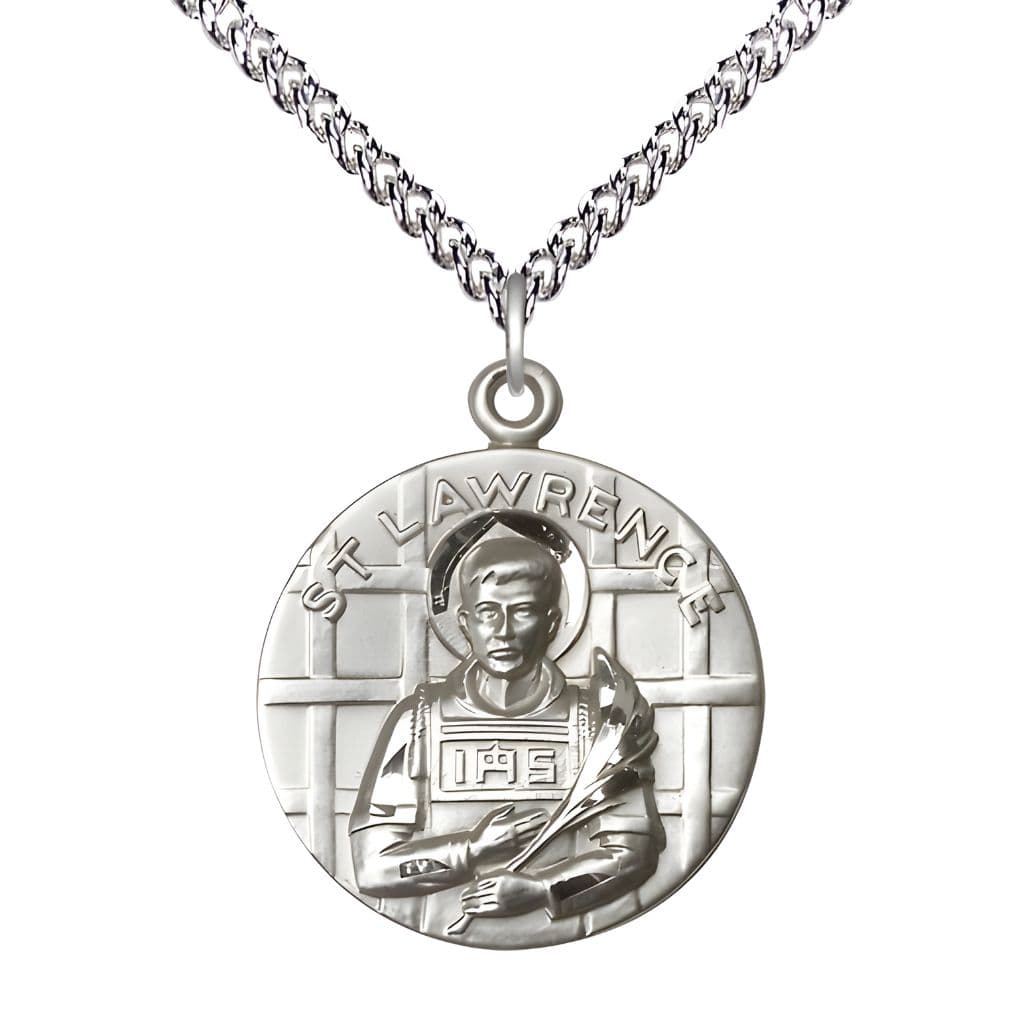 Bliss St. Lawrence Sterling Silver Round Pendant with Sterling Chain, Medal Measures 1-inch tall by 7/8-inch wide.