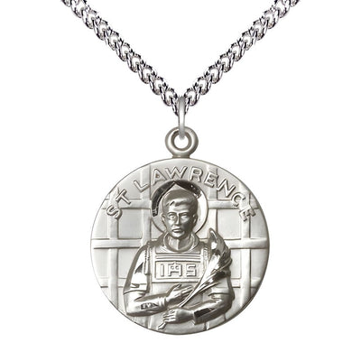 St. Lawrence Sterling Silver Round Pendant with Sterling Chain, Medal Measures 1-inch tall by 7/8-inch wide, Bliss Manufacturing