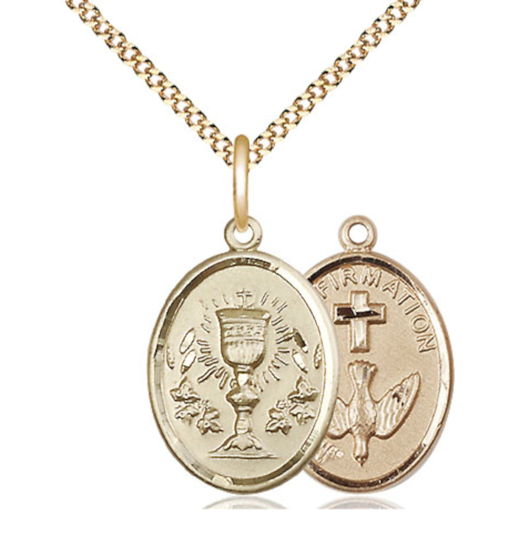 Bliss Two Sided 14kt Gold Filled Chalice / Confirmation Medal Pendant on a 18 inch Gold Plate Light Curb Chain,