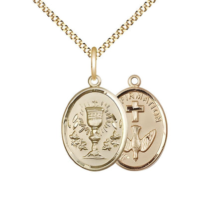 Two Sided 14kt Gold Filled Chalice / Confirmation Medal Pendant on a 18 inch Gold Plate Light Curb Chain, Bliss Manufacturing