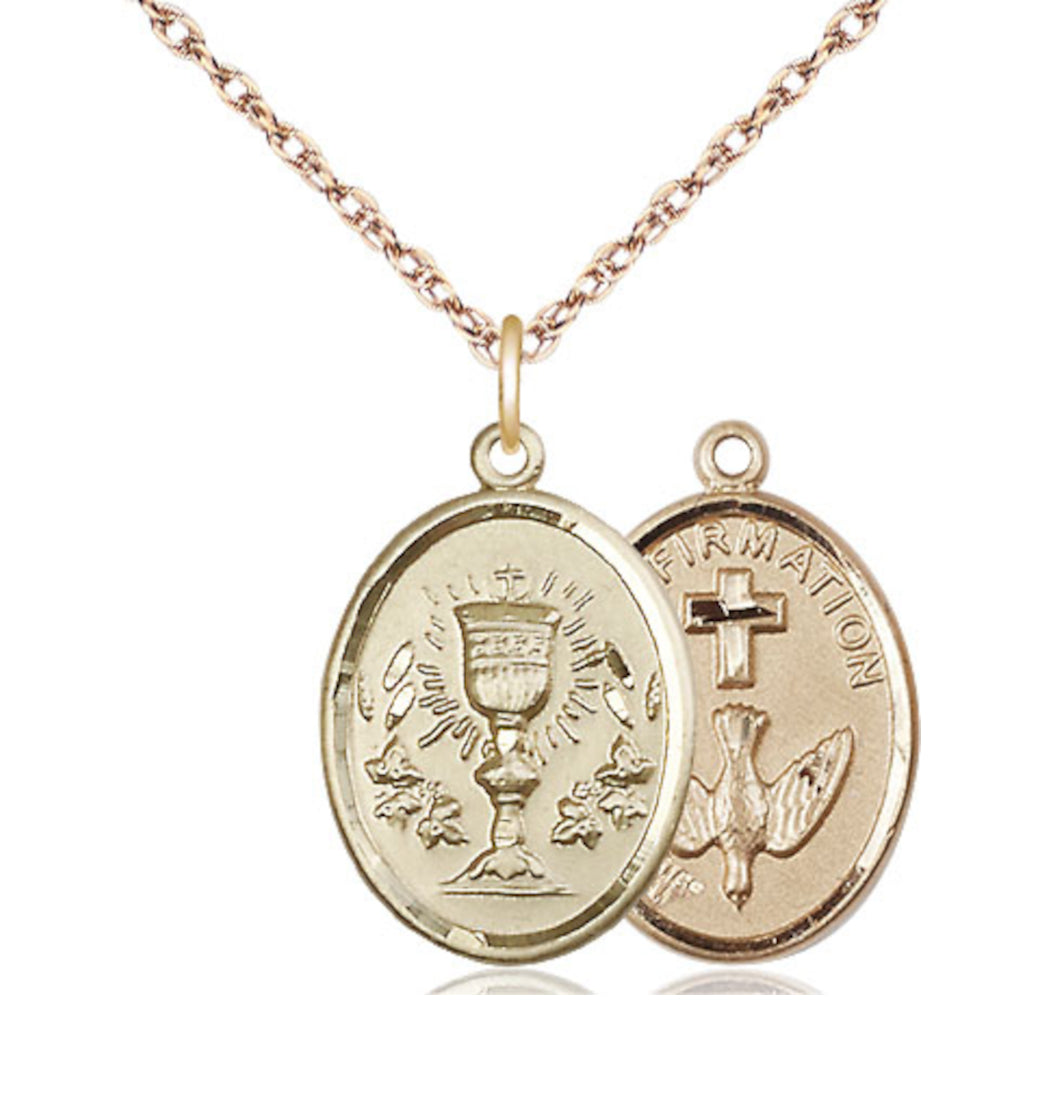 Bliss Two Sided 14kt Gold Filled Chalice / Confirmation Medal Pendant on a Gold Filled Light Rope Chain,