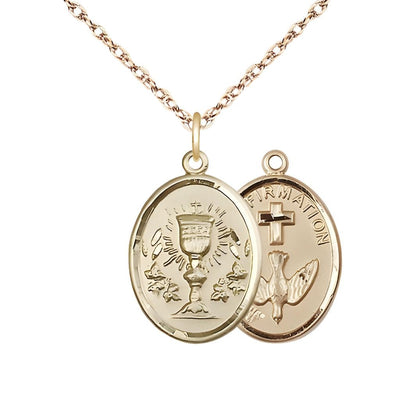 Two Sided 14kt Gold Filled Chalice / Confirmation Medal Pendant on a Gold Filled Light Rope Chain, Bliss Manufacturing