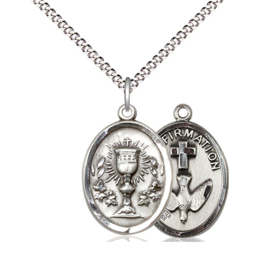 Bliss Two Sided Pewter Chalice / Confirmation Medal Pendant on a Light Rhodium Light Curb Chain,