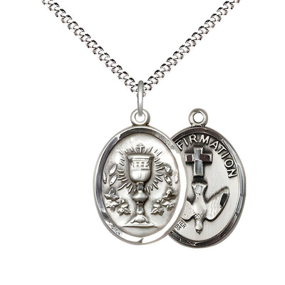 Two Sided Pewter Chalice / Confirmation Medal Pendant on a Light Rhodium Light Curb Chain, Bliss Manufacturing