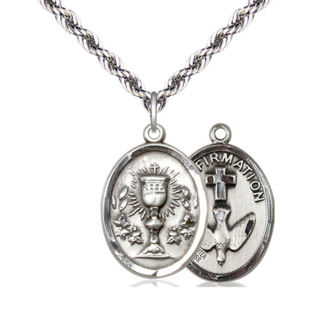 Bliss Two Sided Pewter Chalice / Confirmation Medal Pendant on a Light Rhodium French Rope Chain,