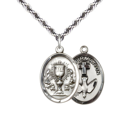 Two Sided Pewter Chalice / Confirmation Medal Pendant on a Light Rhodium French Rope Chain, Bliss Manufacturing
