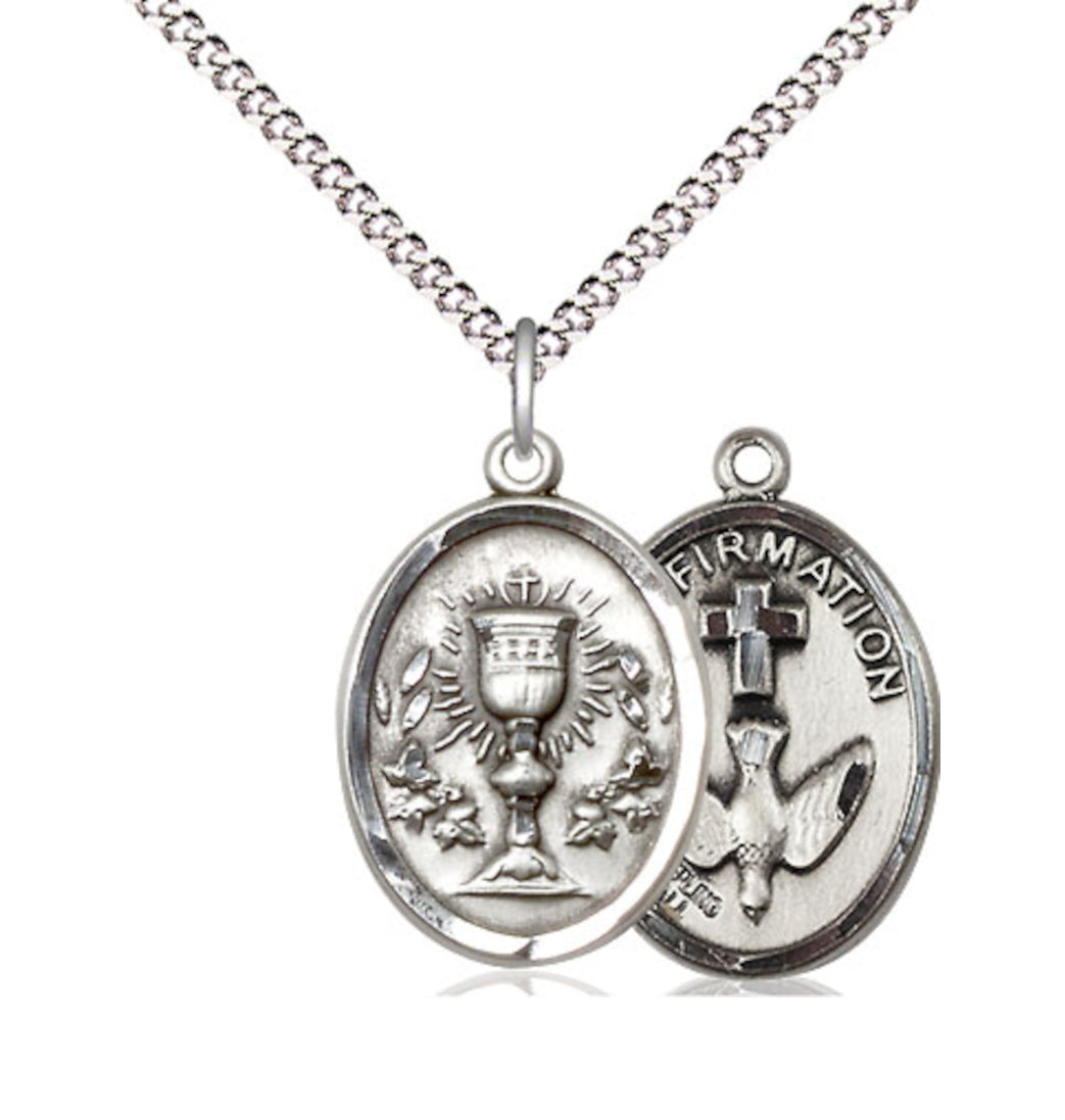 Bliss Two Sided Sterling Silver Chalice / Confirmation Medal Pendant on a Light Rhodium Light Curb Chain,