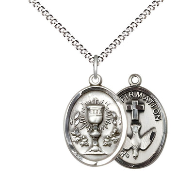 Two Sided Sterling Silver Chalice / Confirmation Medal Pendant on a Light Rhodium Light Curb Chain, Bliss Manufacturing