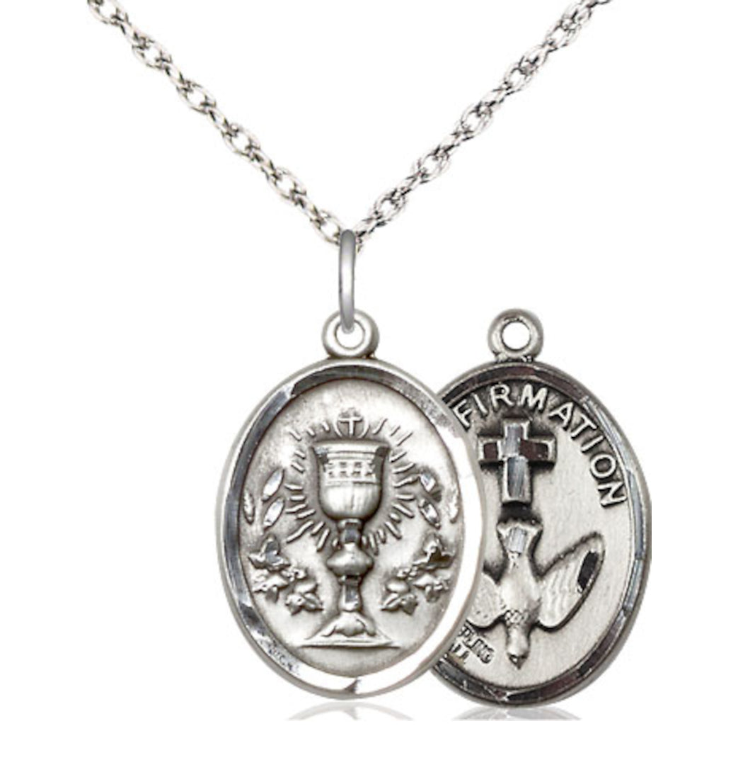 Bliss Two Sided Sterling Silver Chalice / Confirmation Medal Pendant on a Sterling Silver Light Rope Chain,