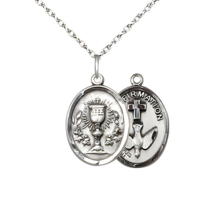 Two Sided Sterling Silver Chalice / Confirmation Medal Pendant on a Sterling Silver Light Rope Chain, Bliss Manufacturing