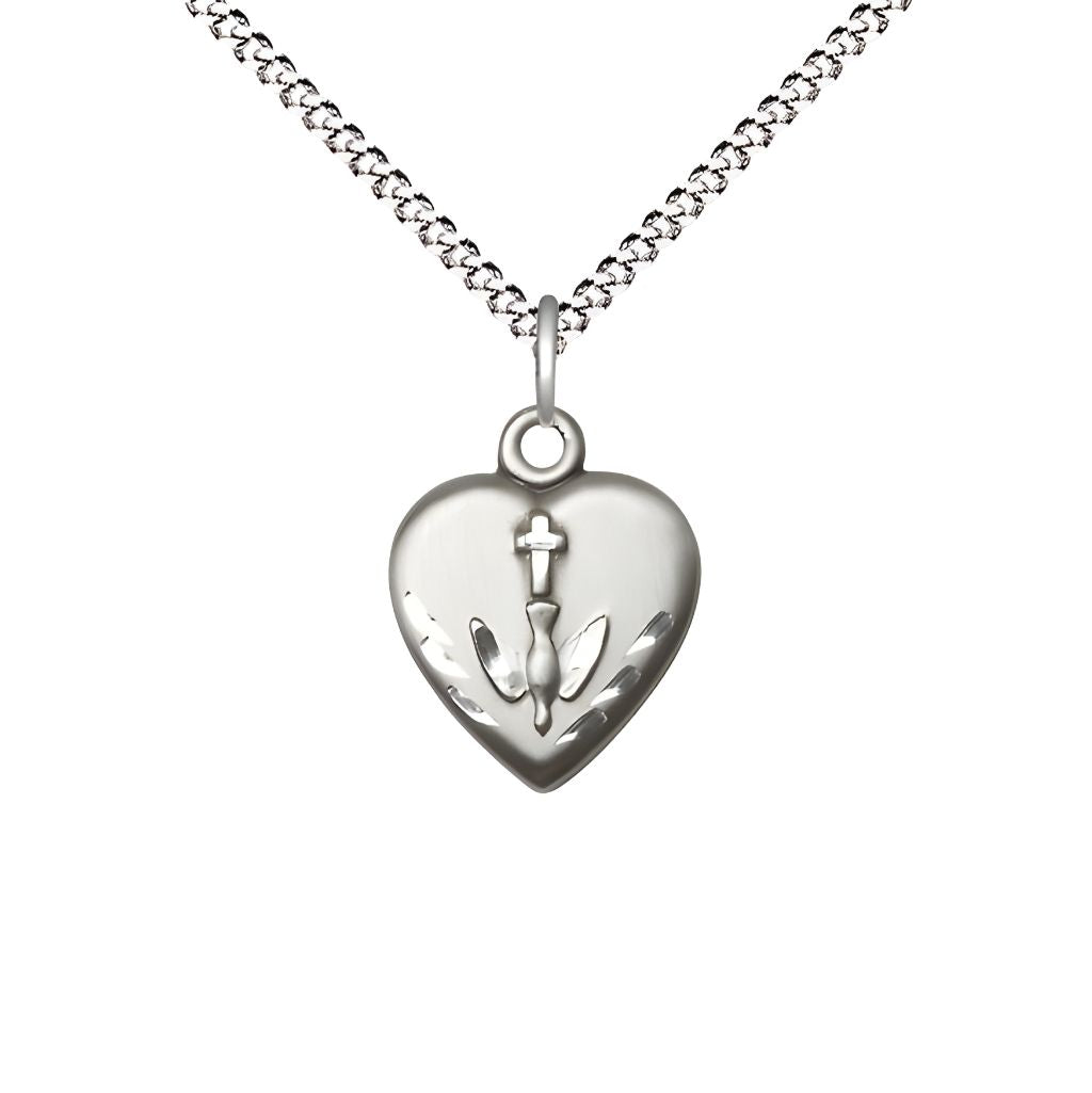 Bliss Communion Heart Pewter Pendant Necklace with 18-inch Rhodium-plated Chain, Measures 5/8-inch tall by 1/2-inch wide