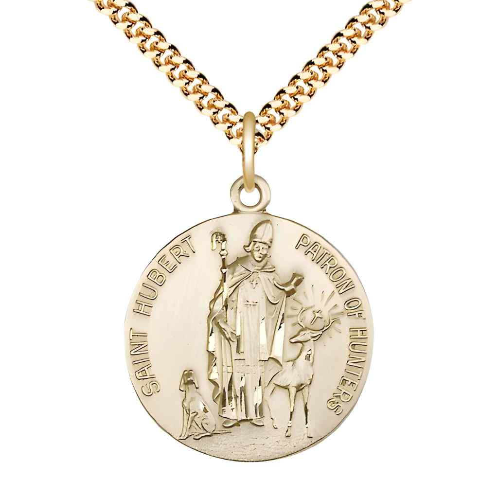 St. Hubert of Liege 14kt gold-filled round medal pendant on gold-plated curb chain, front view with 'Saint Hubert Patron of Hunters' inscription