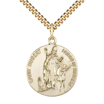 St. Hubert of Liege 14kt gold-filled round medal pendant on gold-plated curb chain, front view with 'Saint Hubert Patron of Hunters' inscription
