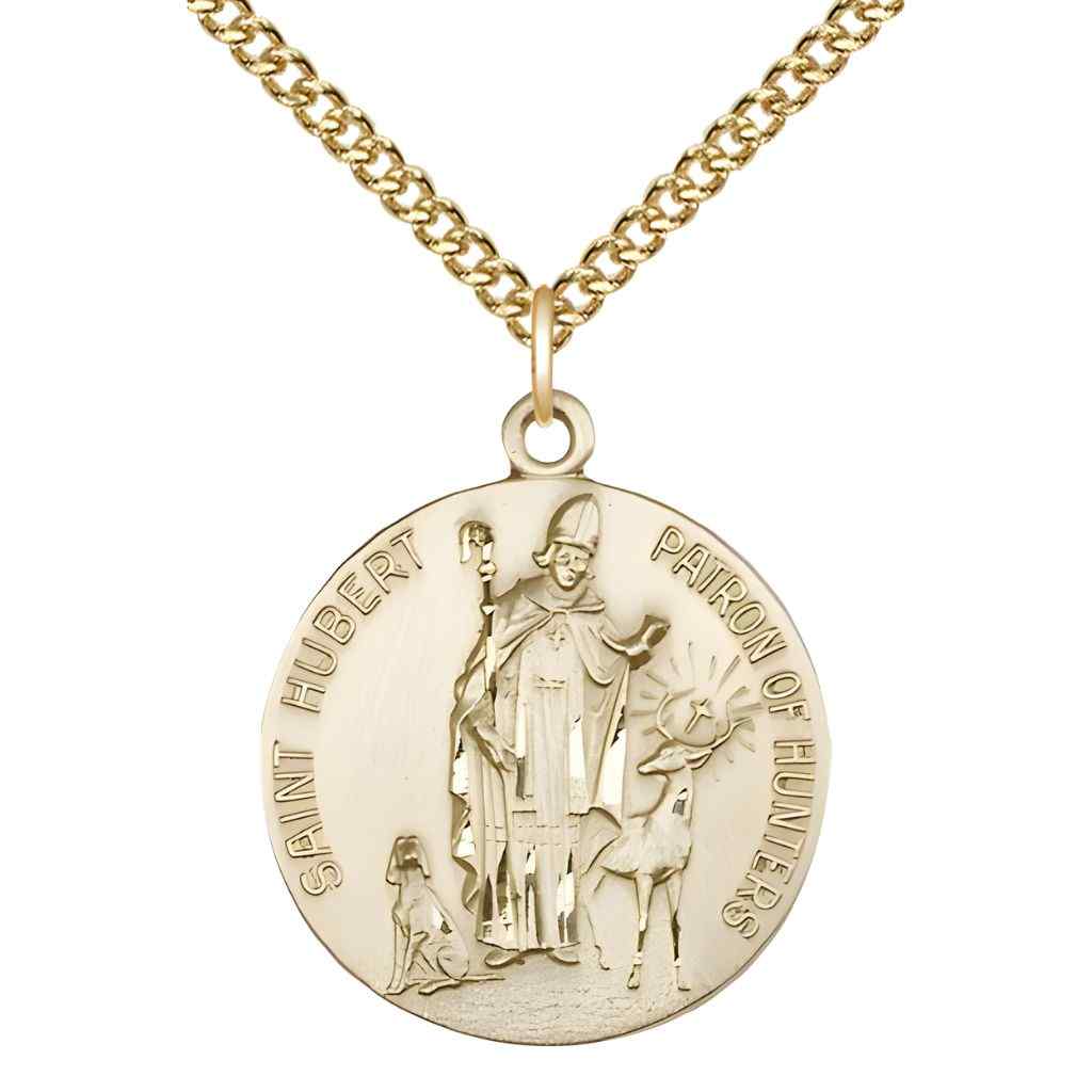 St. Hubert of Liege 14kt gold-filled round medal pendant on 14kt gold-filled chain, front view
