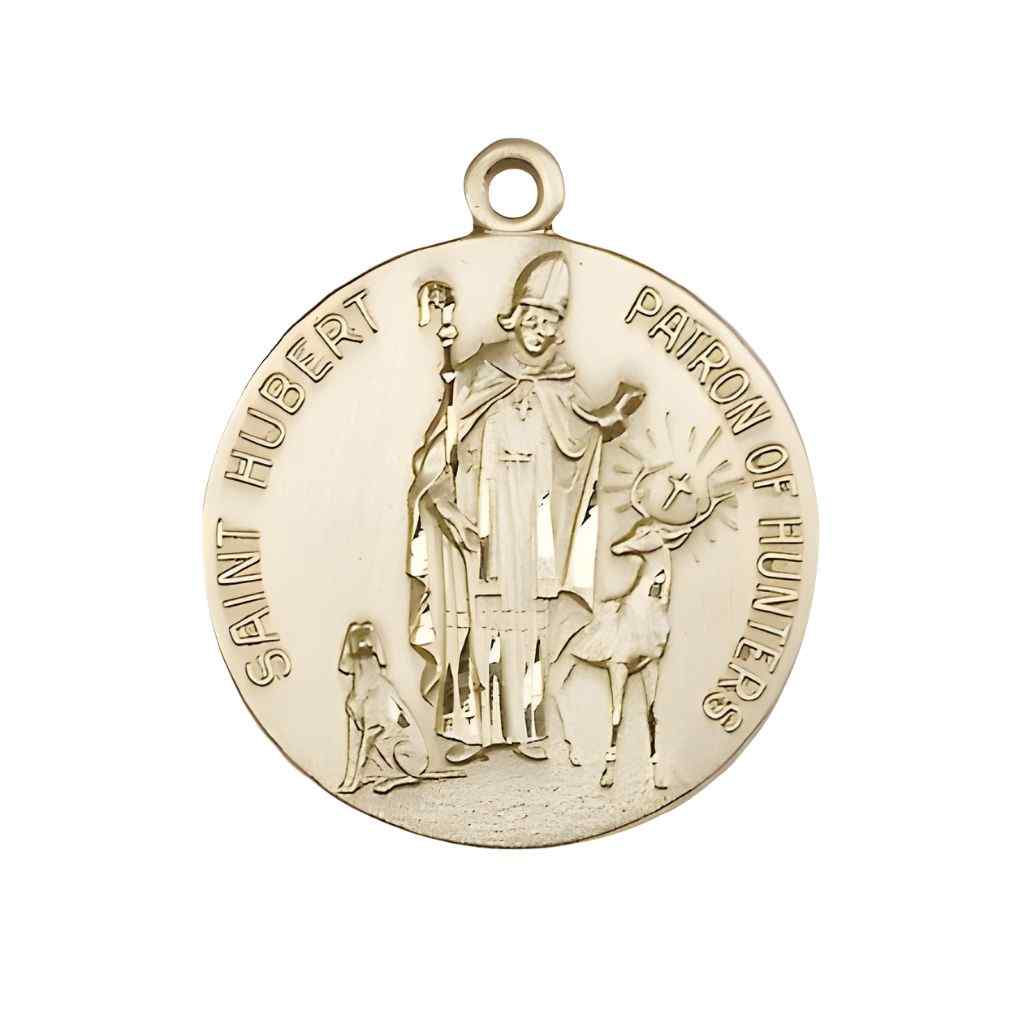 St. Hubert of Liege 14kt gold round medal pendant, front view with 'Saint Hubert Patron of Hunters' inscription, bishop figure with hunting dog and stag with luminous cross