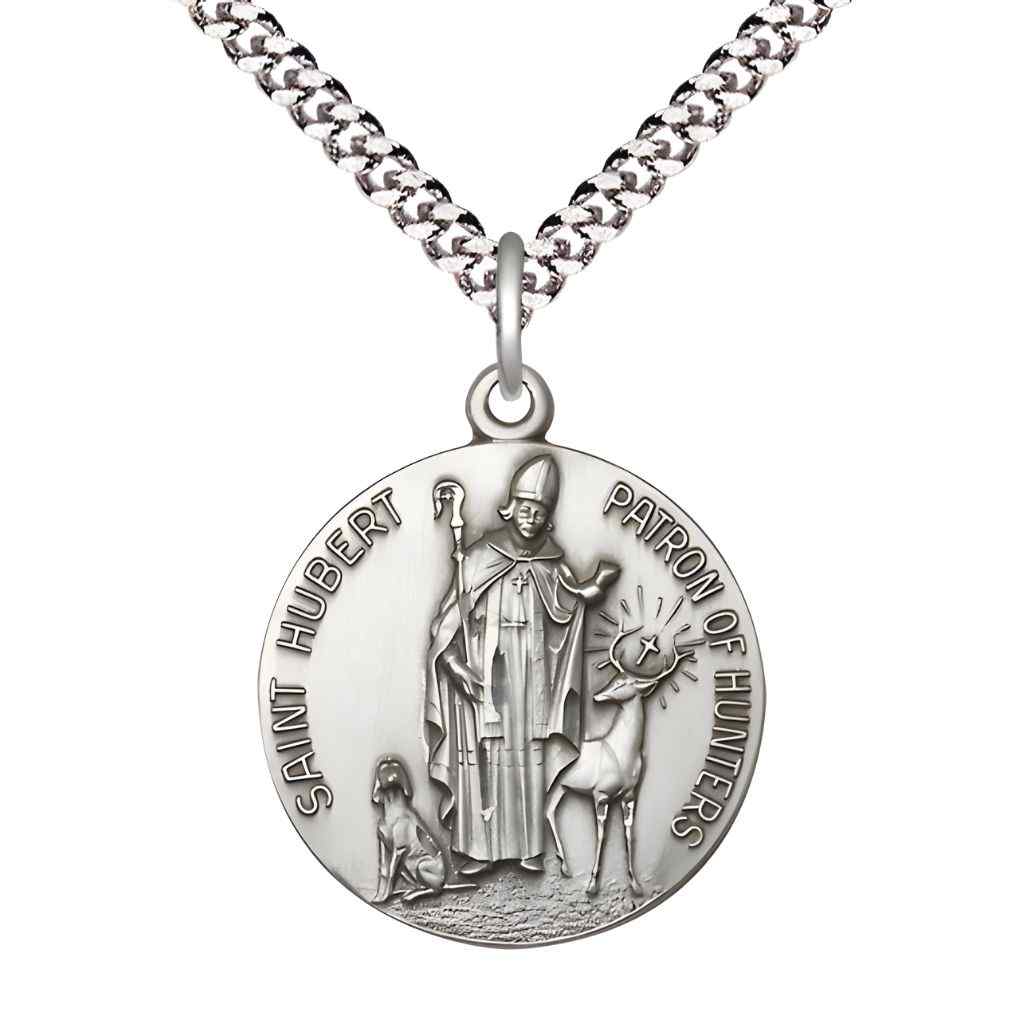 St. Hubert of Liege pewter round medal pendant on curb chain, front view with 'Saint Hubert Patron of Hunters' inscription, bishop figure with hunting dog and stag with luminous cross